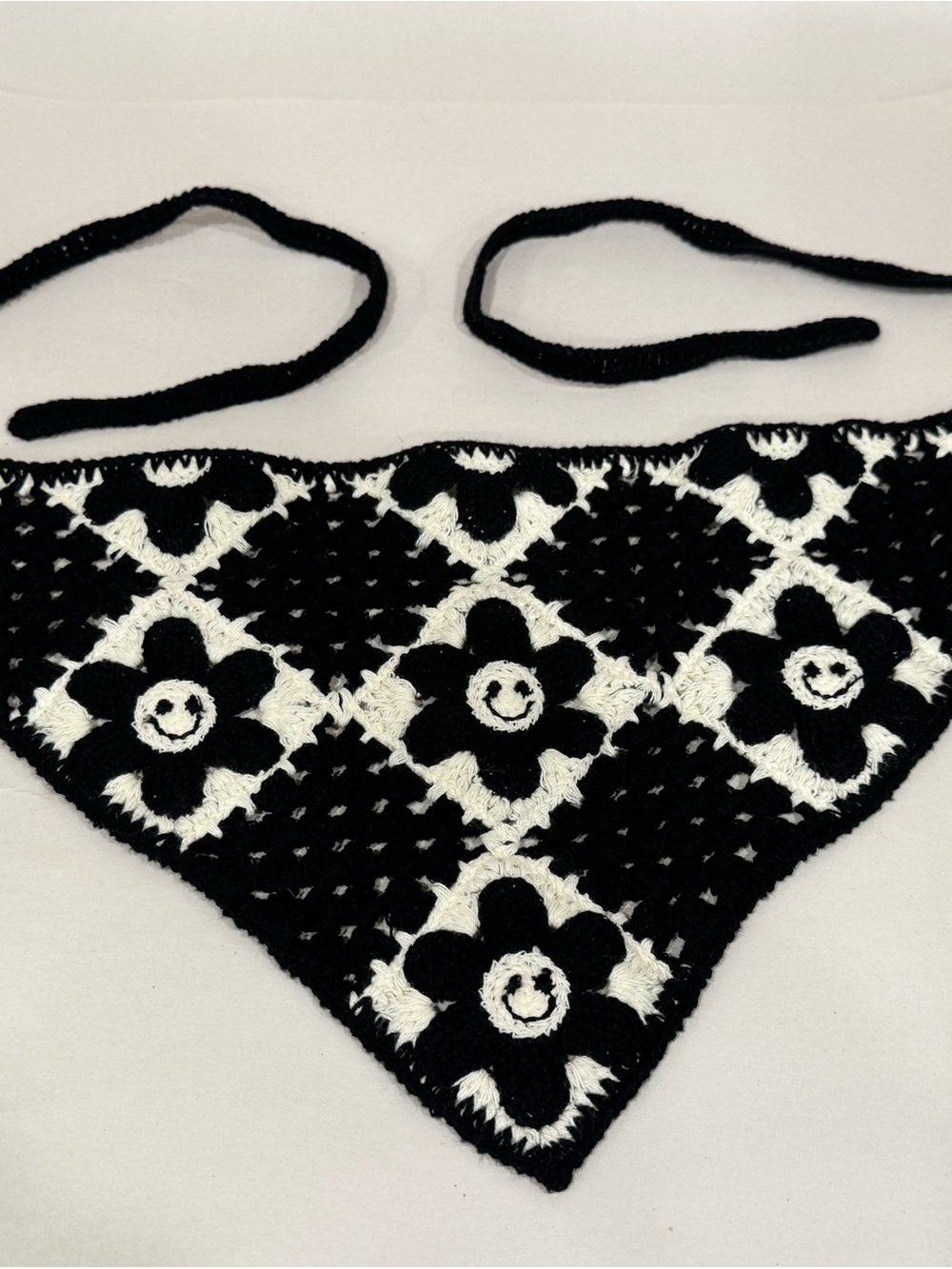 Cotton Crochet Head Scarf Knitted Bandana for Hair Smile Smiley Face Black White